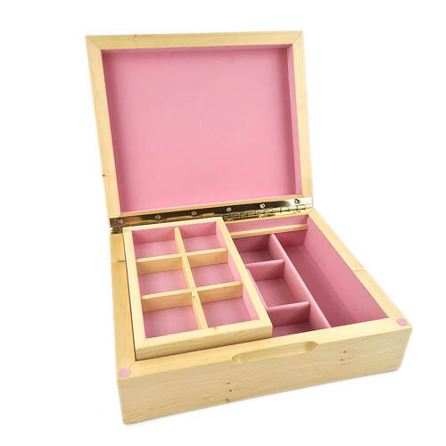 Tasmanian Huon Pine Jewel Box Fitted With Half Tray - Pink Lining